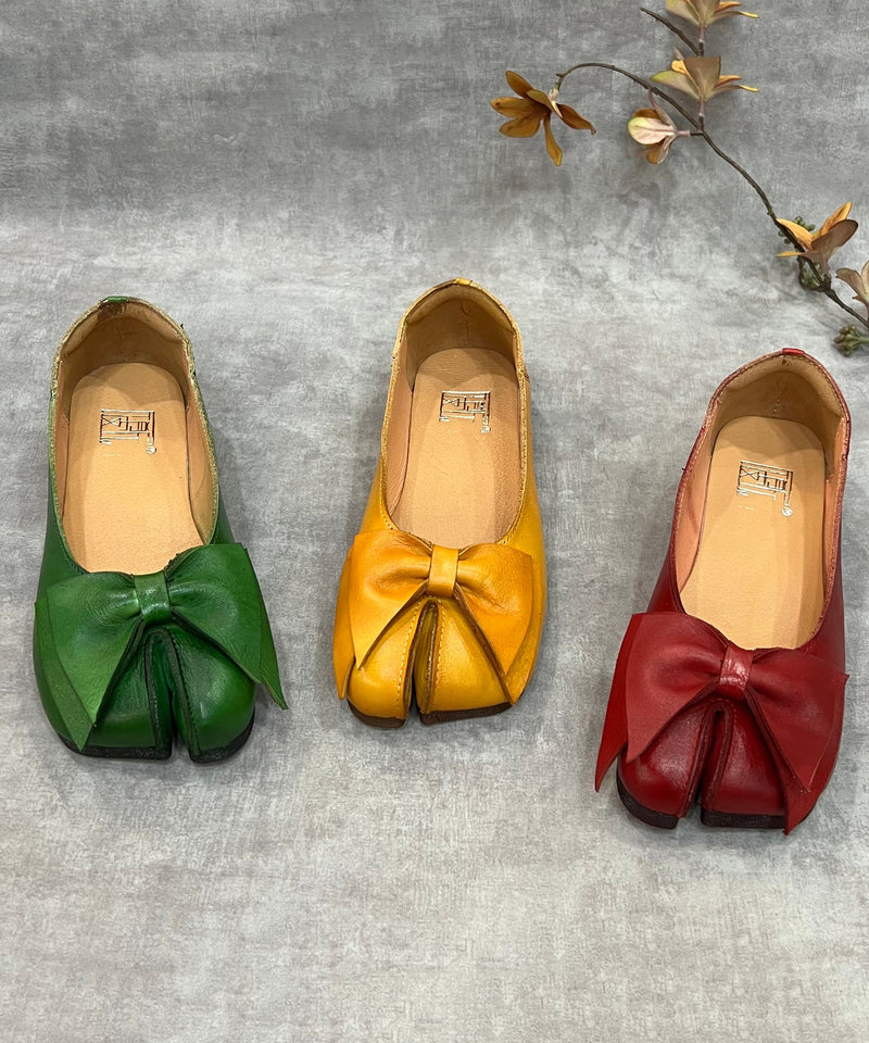 Green Bow Split Toe Cowhide Leather Flat Shoes for Rt1043