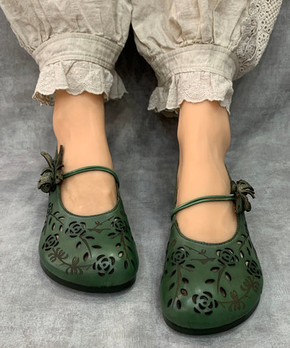Green Hollow Out Genuine Leather Flat Feet Shoes Rt1036