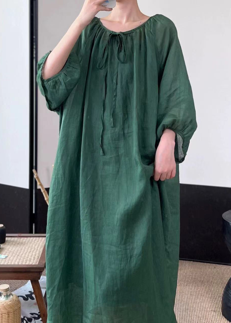 Green Lace Up Linen Long Dresses Fall Mn053