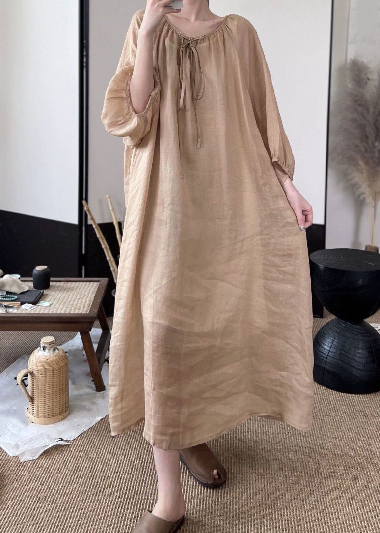 Green Lace Up Linen Long Dresses Fall Mn053