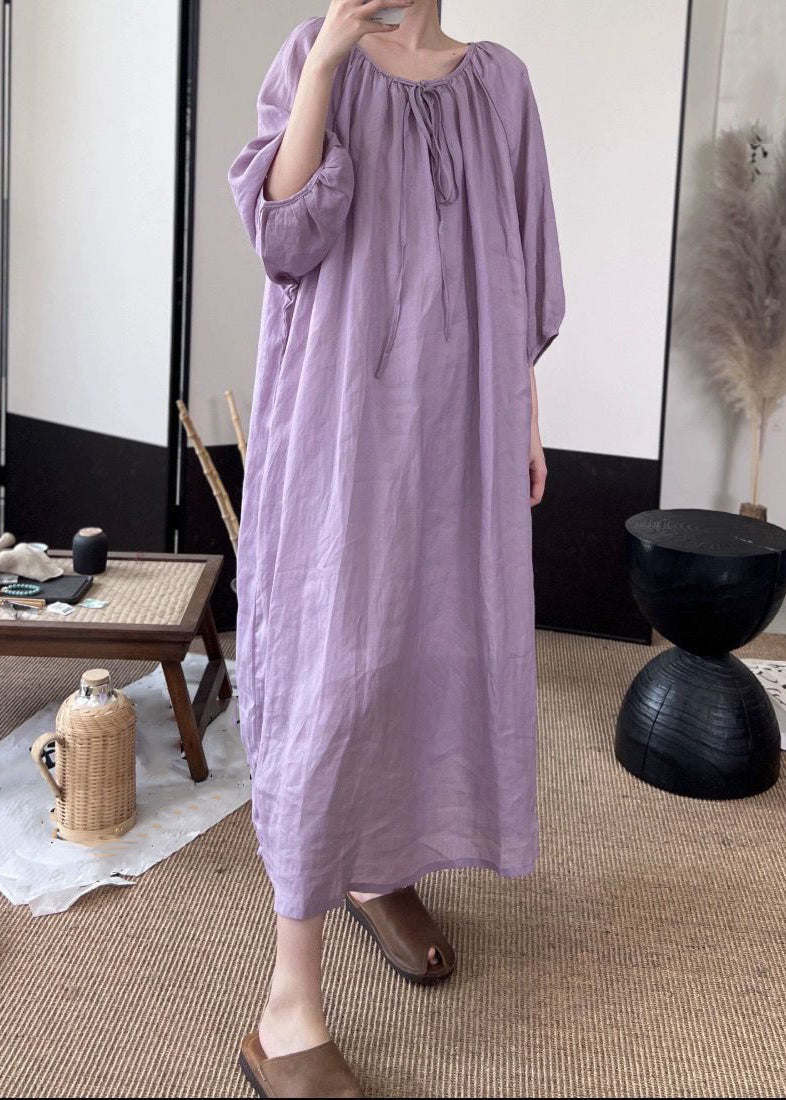 Green Lace Up Linen Long Dresses Fall Mn053