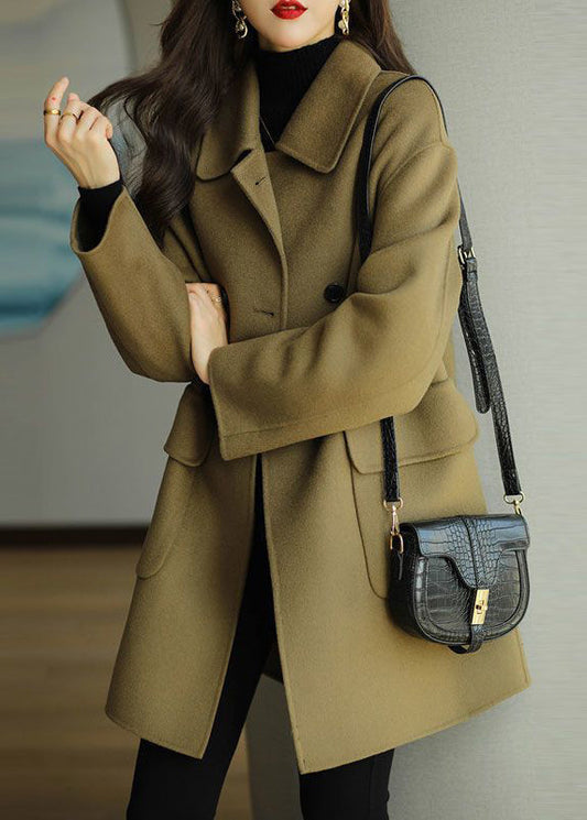 Green Peter Pan Collar Button Pockets Woolen Coat Winter Rs024