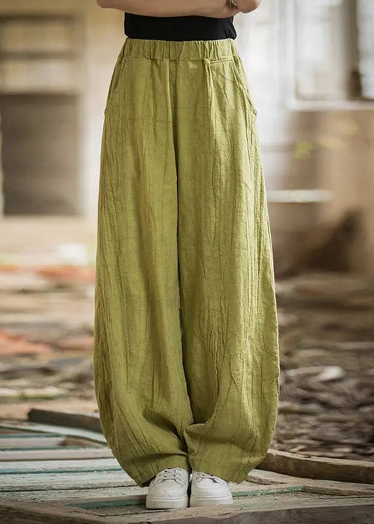 Green Pockets Elastic Waist Linen Pants Summer Cg1053