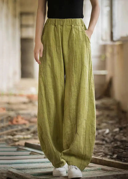 Green Pockets Elastic Waist Linen Pants Summer Cg1053