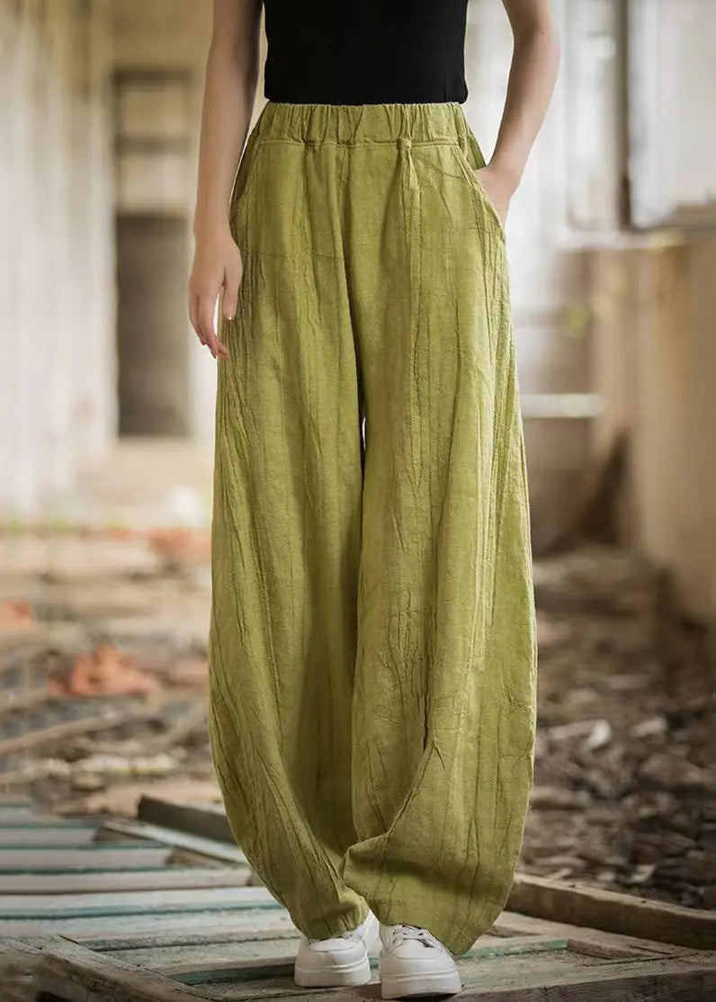 Green Pockets Elastic Waist Linen Pants Summer Cg1053