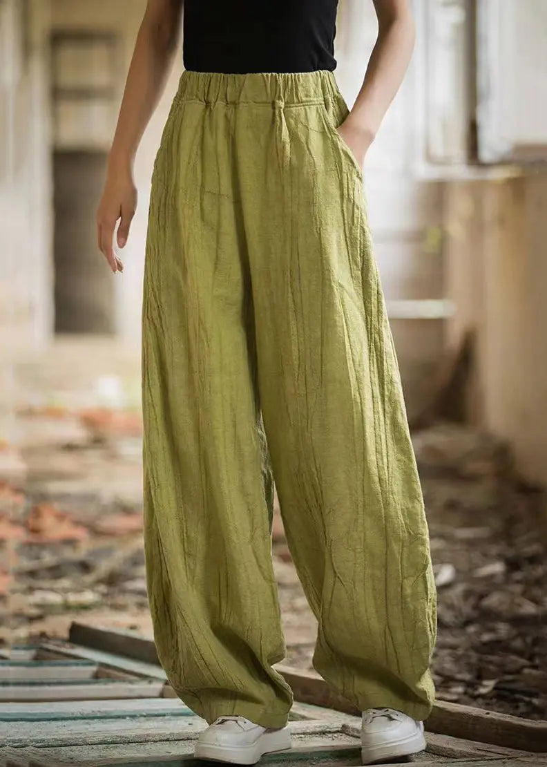 Green Pockets Elastic Waist Linen Pants Summer Cg1053