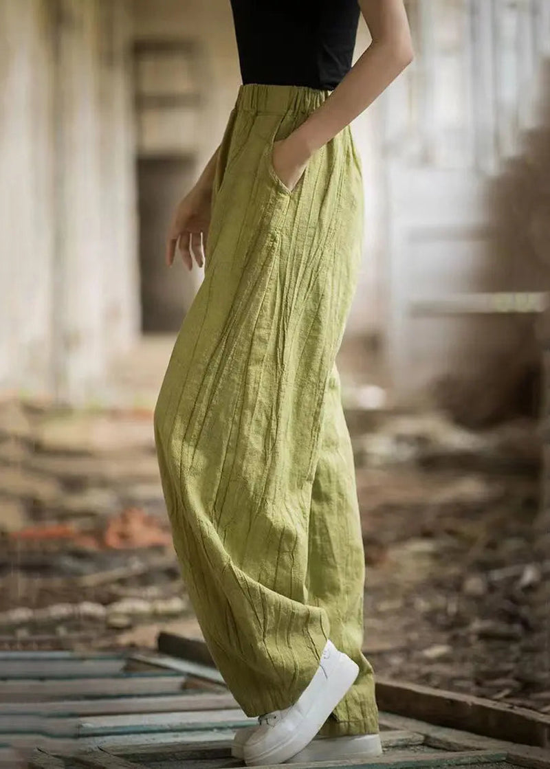 Green Pockets Elastic Waist Linen Pants Summer Cg1053
