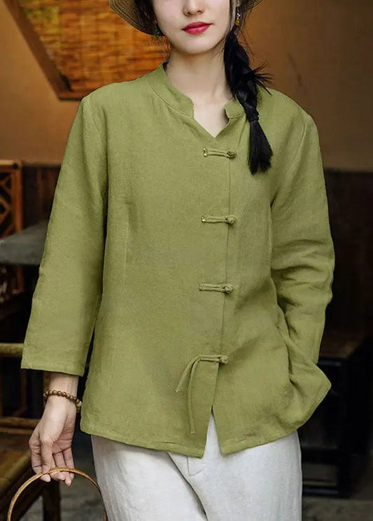 Green Stand Collar Button Linen Coats Long Sleeve Cg1040