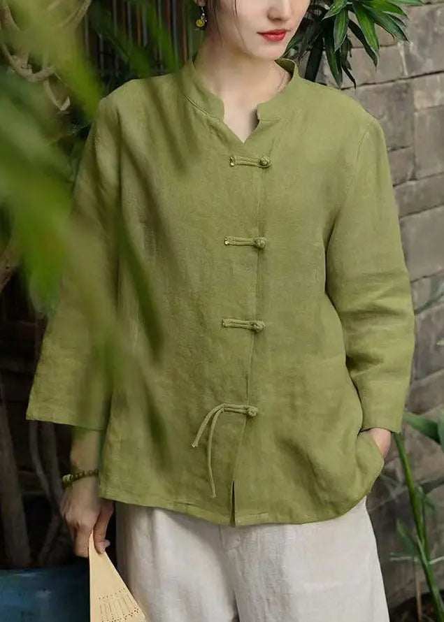 Green Stand Collar Button Linen Coats Long Sleeve Cg1040