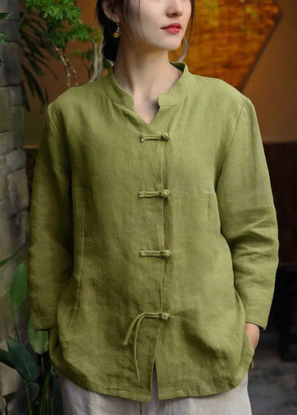 Green Stand Collar Button Linen Coats Long Sleeve Cg1040