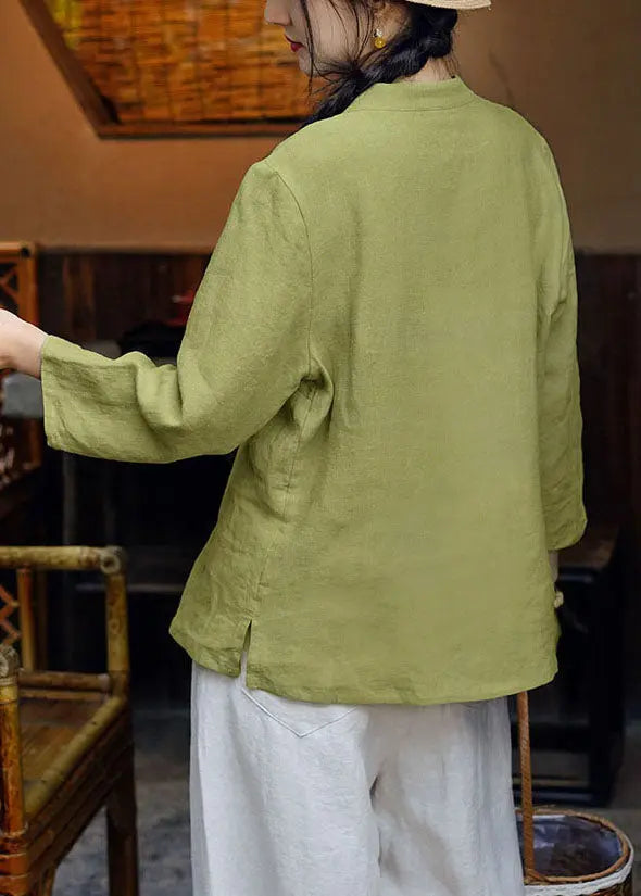 Green Stand Collar Button Linen Coats Long Sleeve Cg1040
