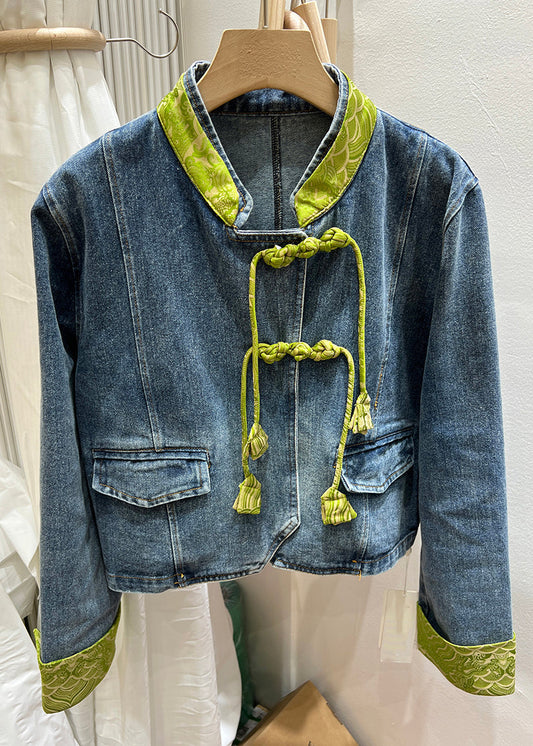 Green Stand Collar Chinese Button Denim Coat Spring Qa1082