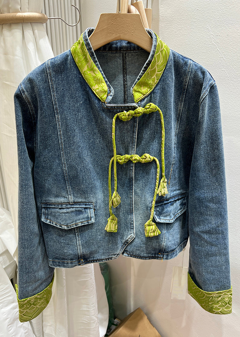 Green Stand Collar Chinese Button Denim Coat Spring Qa1082