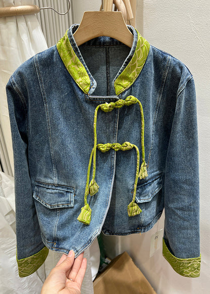 Green Stand Collar Chinese Button Denim Coat Spring Qa1082