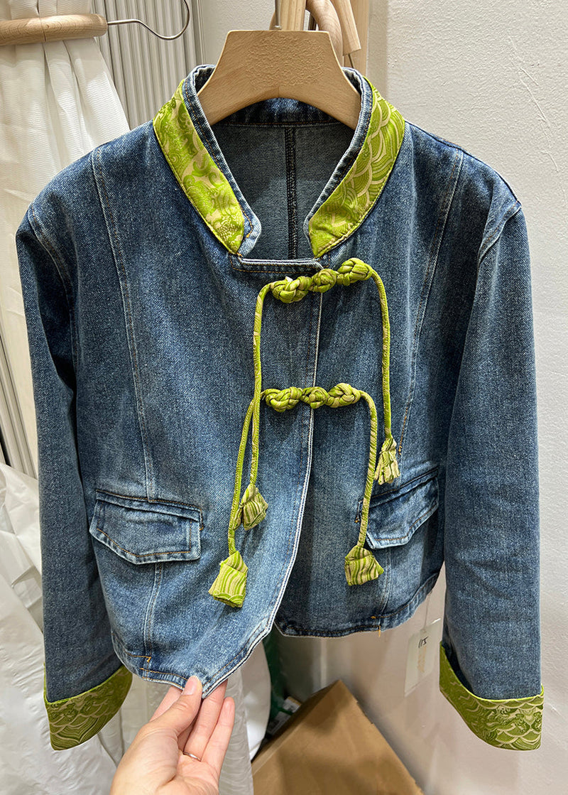 Green Stand Collar Chinese Button Denim Coat Spring Qa1082