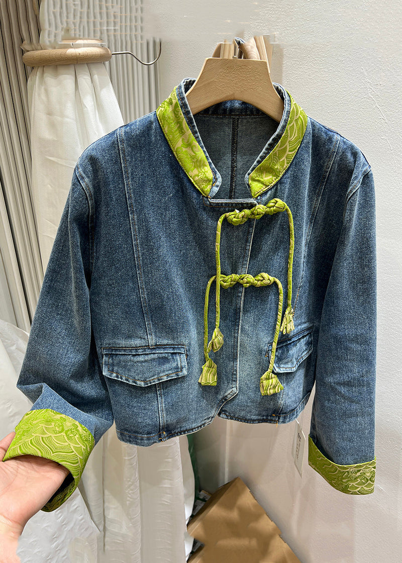 Green Stand Collar Chinese Button Denim Coat Spring Qa1082