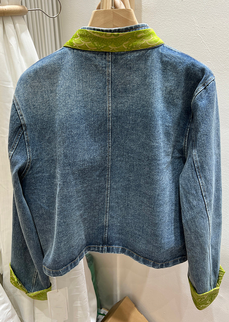 Green Stand Collar Chinese Button Denim Coat Spring Qa1082
