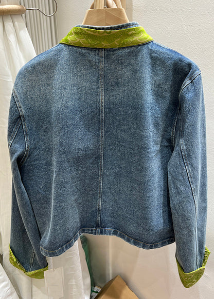 Green Stand Collar Chinese Button Denim Coat Spring Qa1082