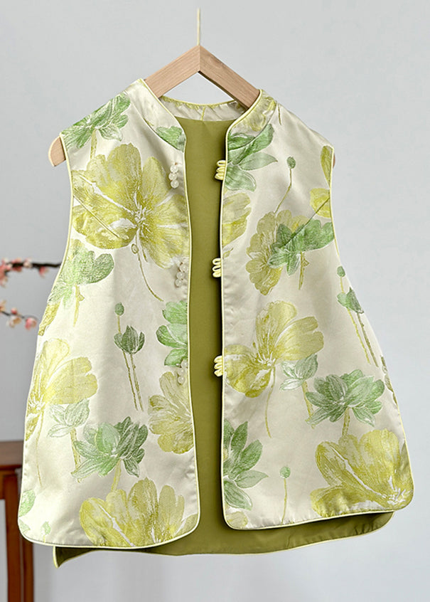 Green Stand Collar Print Button Satin Waistcoat Fall Ag1041