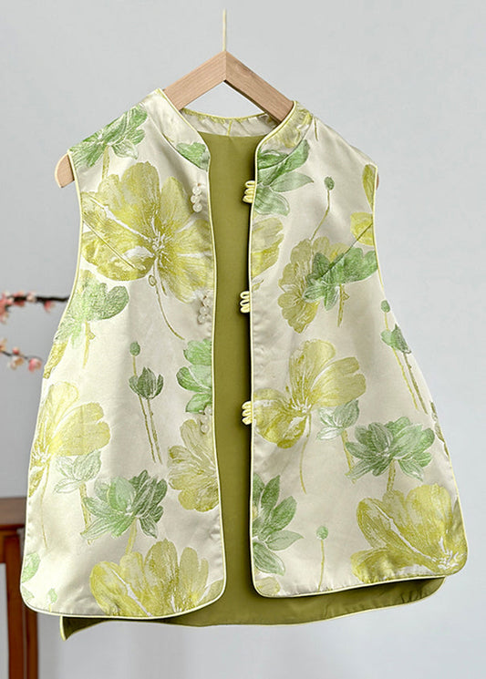 Green Stand Collar Print Button Satin Waistcoat Fall Ag1041