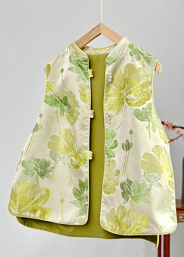 Green Stand Collar Print Button Satin Waistcoat Fall Ag1041