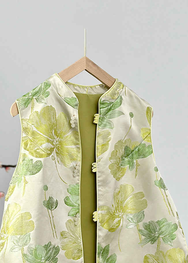 Green Stand Collar Print Button Satin Waistcoat Fall Ag1041