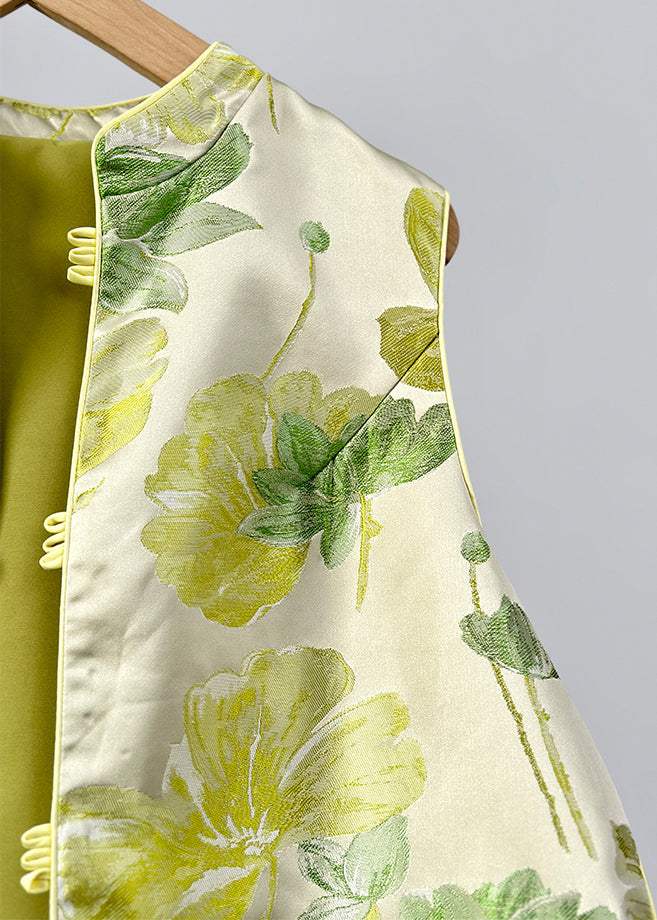 Green Stand Collar Print Button Satin Waistcoat Fall Ag1041