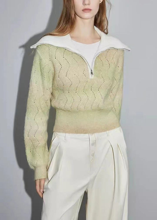 Green Zip Up Hollow Out Wool Knit Sweater Winter Wk025
