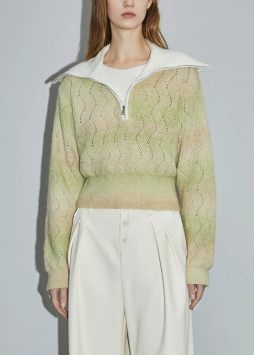 Green Zip Up Hollow Out Wool Knit Sweater Winter Wk025