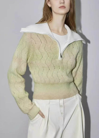 Green Zip Up Hollow Out Wool Knit Sweater Winter Wk025