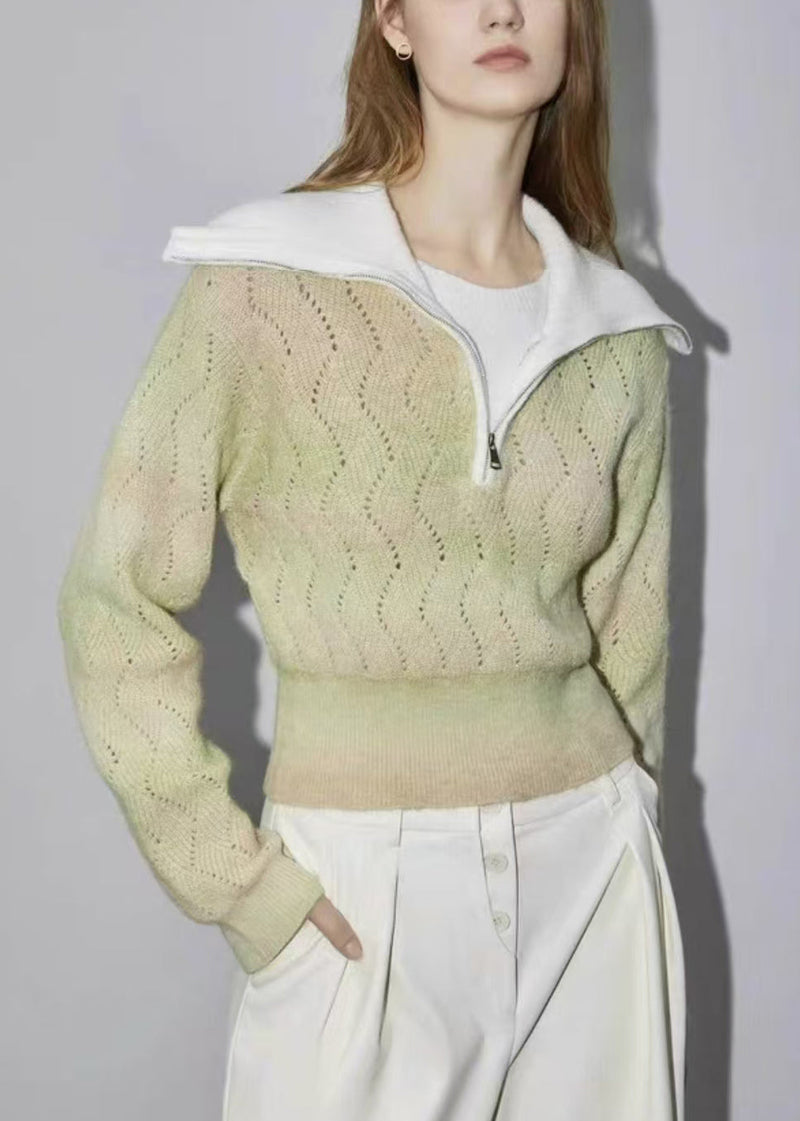 Green Zip Up Hollow Out Wool Knit Sweater Winter Wk025