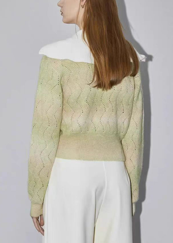 Green Zip Up Hollow Out Wool Knit Sweater Winter Wk025