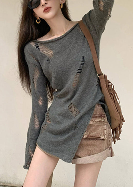 Hollow Spring Asymmetrical Knit Sweater Out Grey