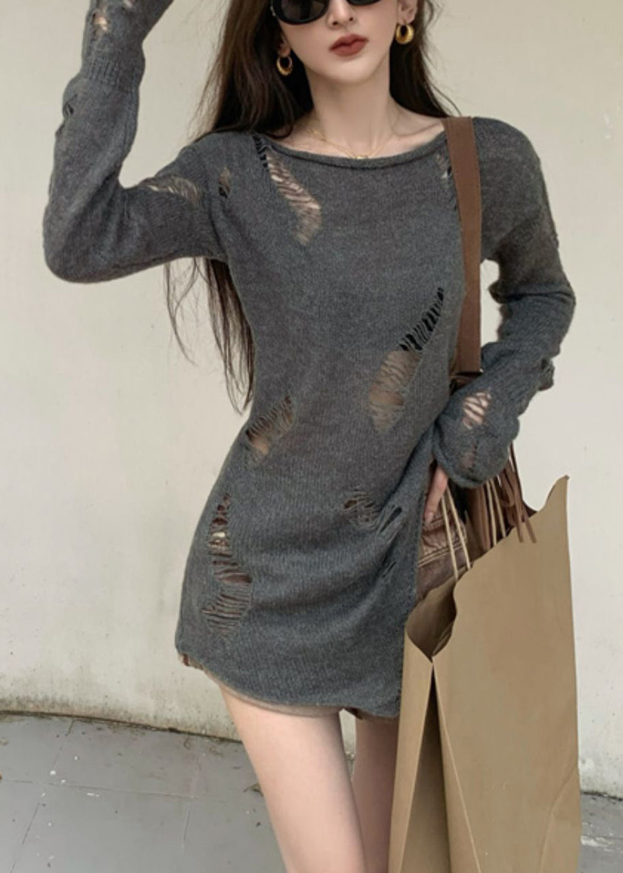 Hollow Spring Asymmetrical Knit Sweater Out Grey