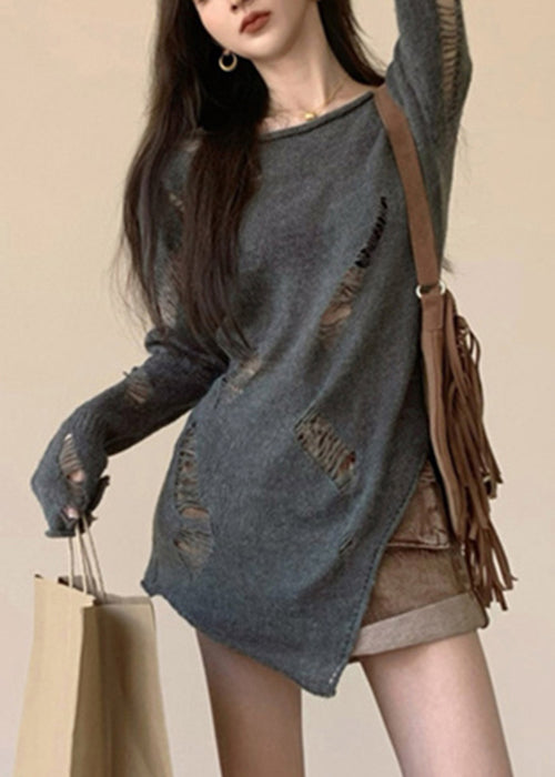 Hollow Spring Asymmetrical Knit Sweater Out Grey