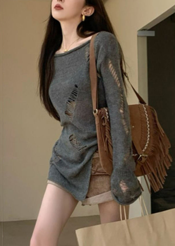 Hollow Spring Asymmetrical Knit Sweater Out Grey