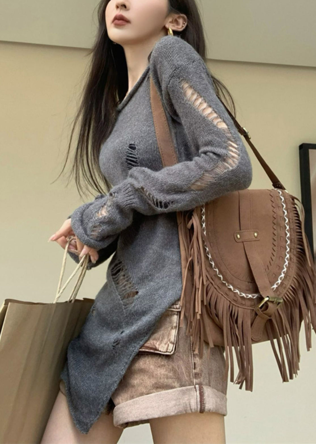 Hollow Spring Asymmetrical Knit Sweater Out Grey