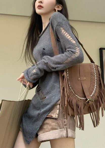 Hollow Spring Asymmetrical Knit Sweater Out Grey