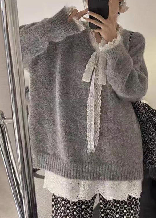 Grey Cozy Lace Patchwork Knit Sweater Winter Wm007