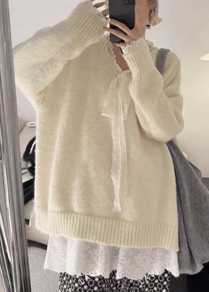 Grey Cozy Lace Patchwork Knit Sweater Winter Wm007