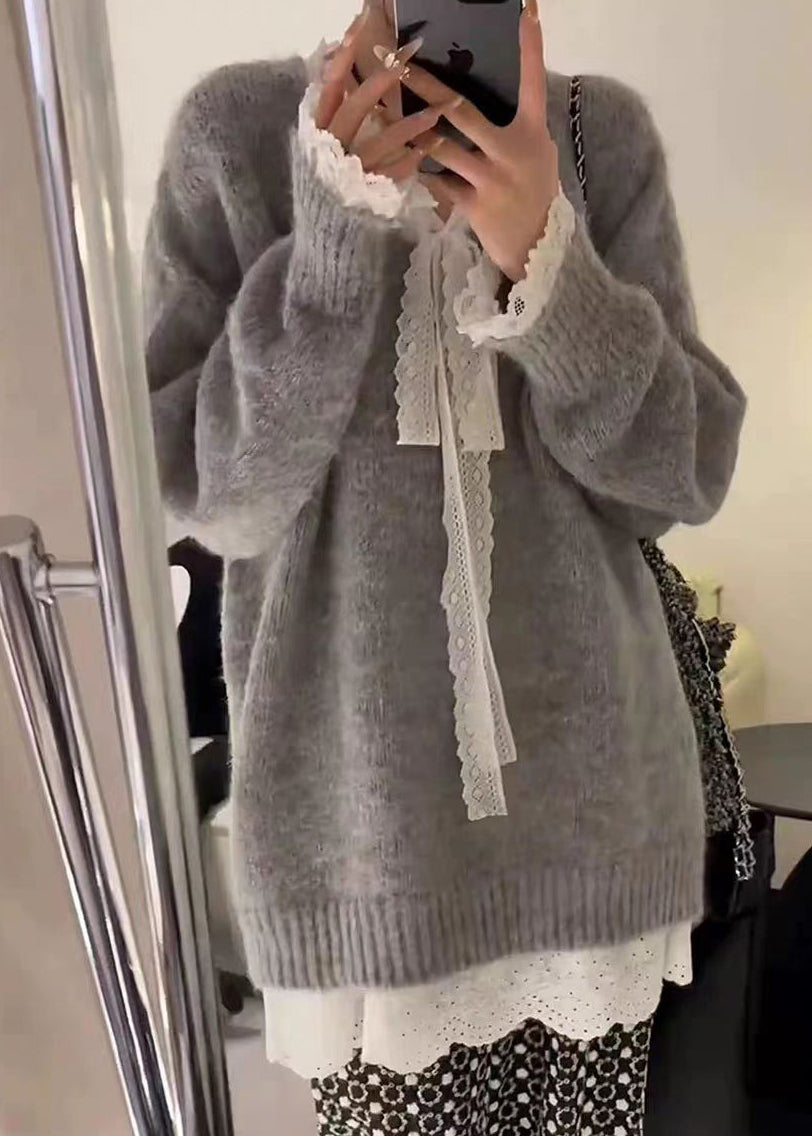 Grey Cozy Lace Patchwork Knit Sweater Winter Wm007
