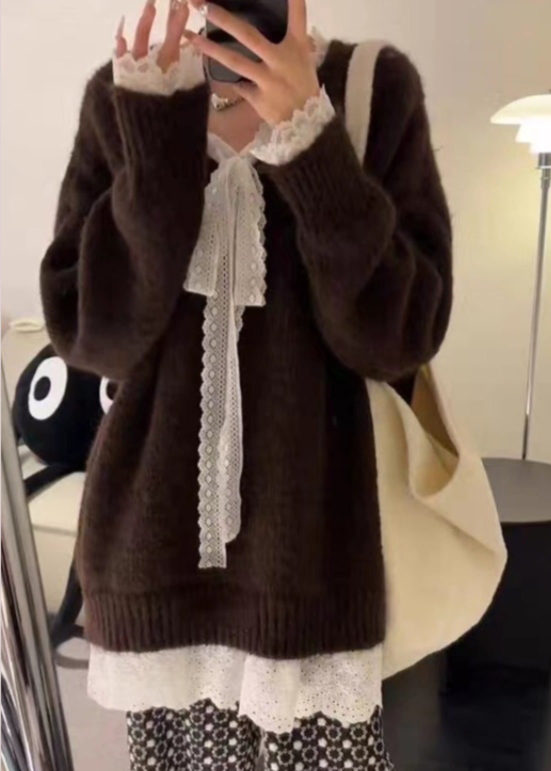Grey Cozy Lace Patchwork Knit Sweater Winter Wm007