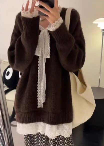 Grey Cozy Lace Patchwork Knit Sweater Winter Wm007