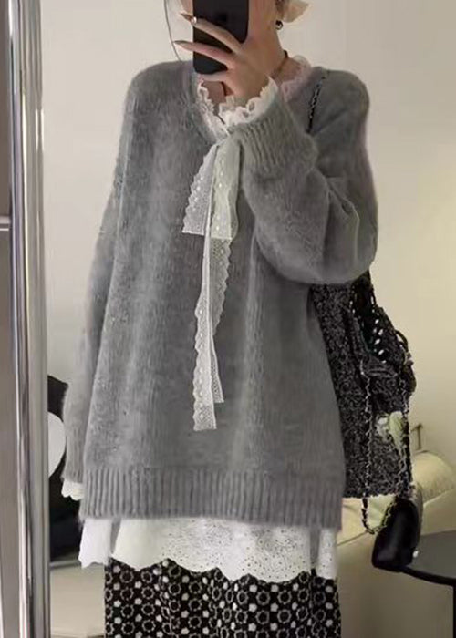 Grey Cozy Lace Patchwork Knit Sweater Winter Wm007