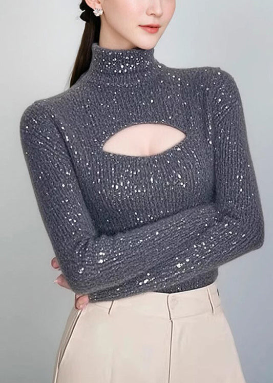 Grey Hign Neck Hollow Out Knit Sweater Spring Tn048
