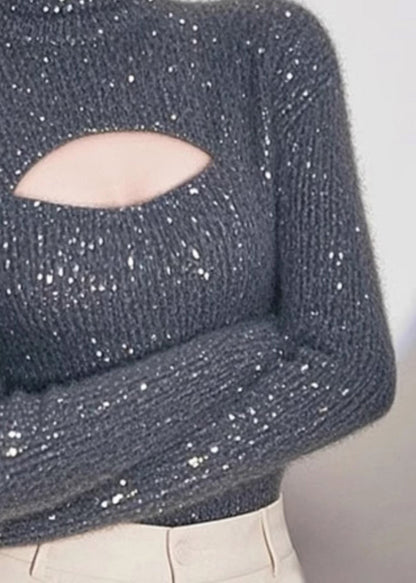 Grey Hign Neck Hollow Out Knit Sweater Spring Tn048