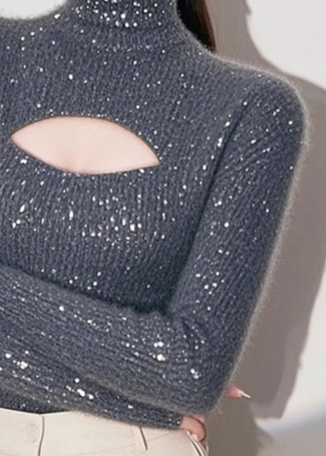 Grey Hign Neck Hollow Out Knit Sweater Spring Tn048