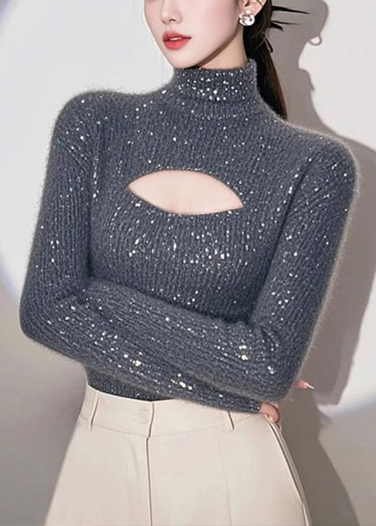 Grey Hign Neck Hollow Out Knit Sweater Spring Tn048