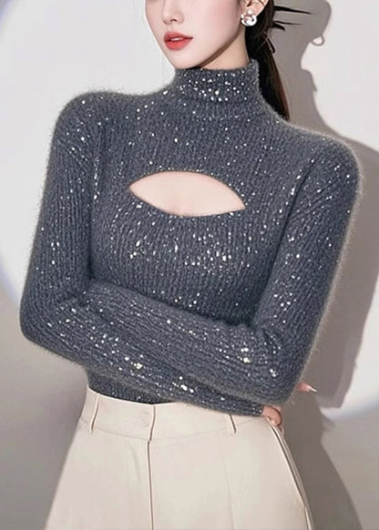 Grey Hign Neck Hollow Out Knit Sweater Spring Tn048