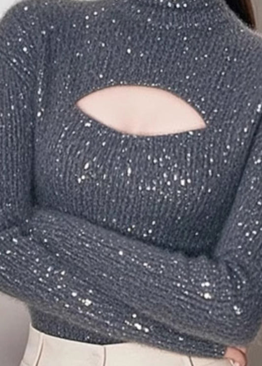 Grey Hign Neck Hollow Out Knit Sweater Spring Tn048